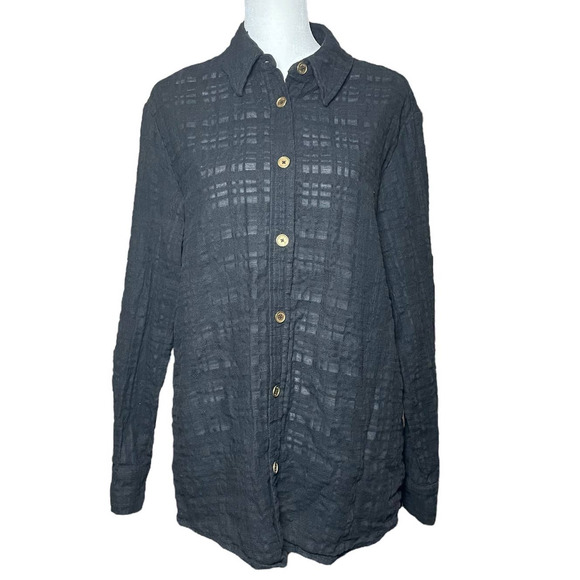 Saint+Sofia Black Burnout Button Down Shirt Long Sleeve Collared Casual Womens 6 - Picture 1 of 12